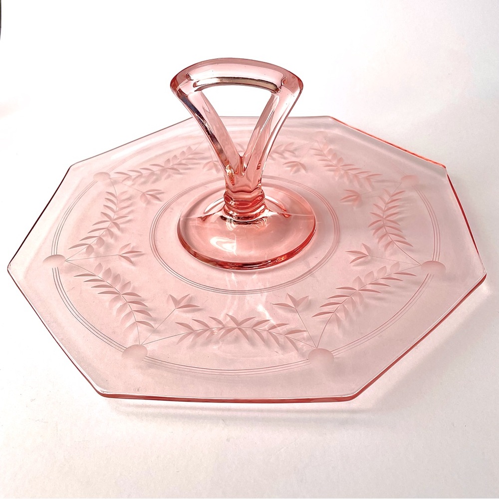 Vintage Pink Depression Glass Serving Tray With Etched Floral Pattern